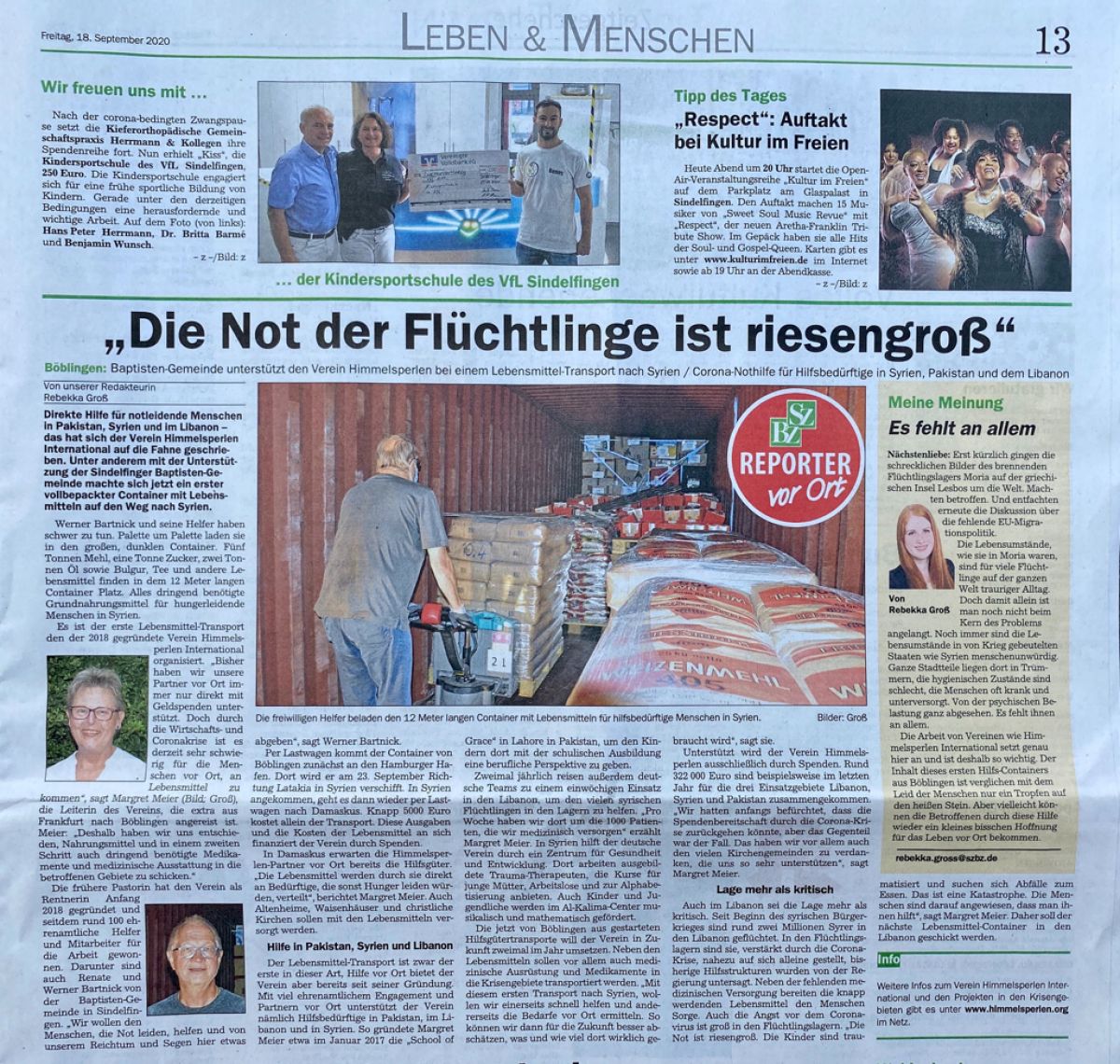 Die Not der Flüchtlinge ist riesengroß  Sindelfinger Böblinger Zeitung, 18.09.2020